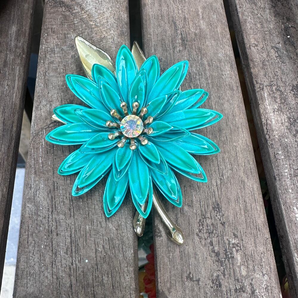 Vintage 1960's Teal Enamel Floral Brooch, Rare